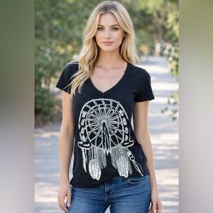 Lauren Moshi Black V-Neck Tee with Dreamcatcher Graphic XS